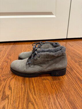 FABI Made in Italy Grey Suede Fur Lined Lug Sole Ankle Boots